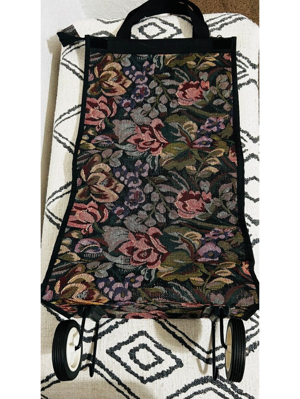 VTG 90s Floral Tapestry Rolling Market Cart Tote Bag Collapsible Trolley GUC